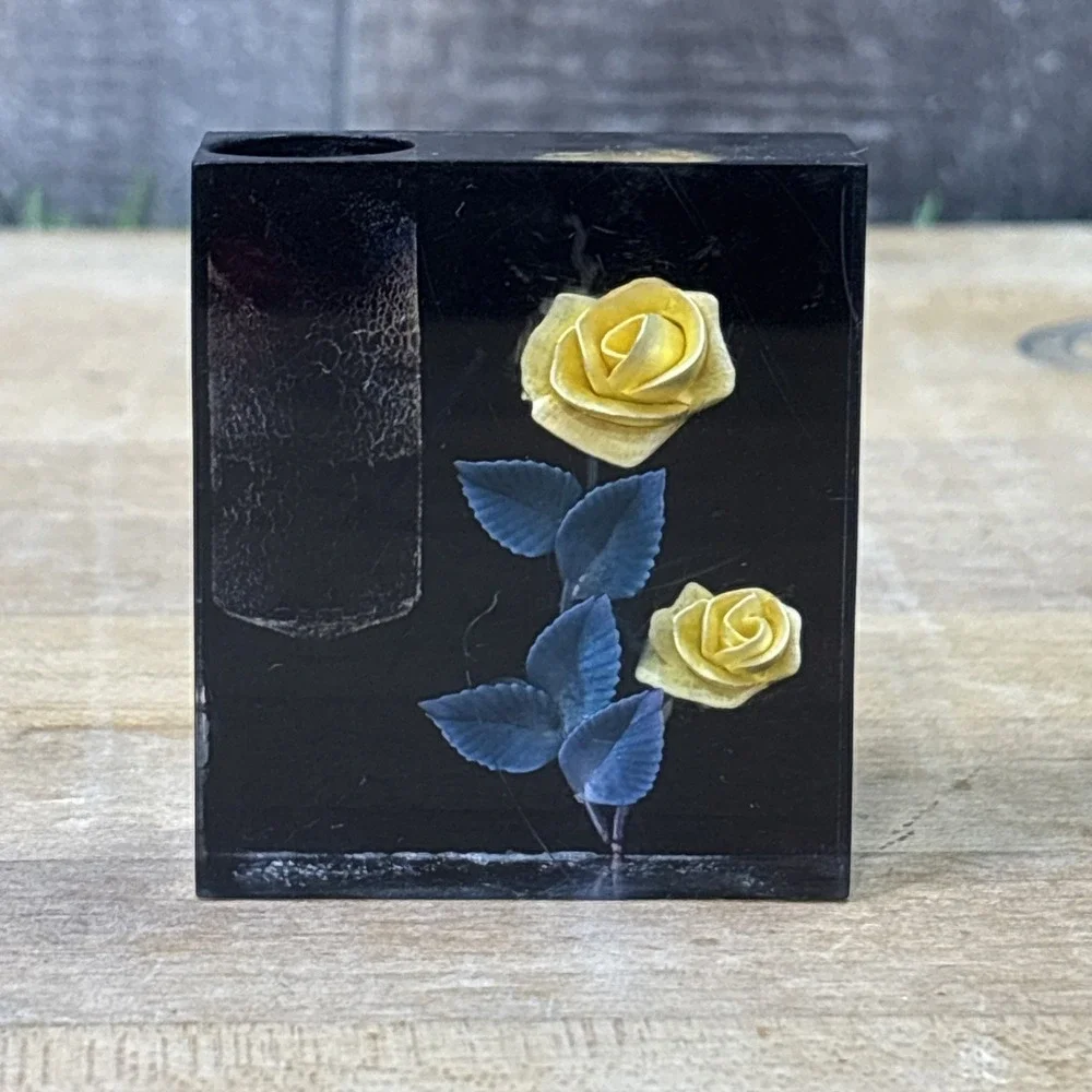 Vintage Lucite Pin Holder Yellow Rose Embedded Desk Vanity Display Decor
